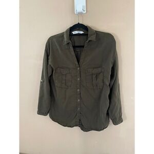 Zara Z1975 Denim Olive‎ Green Snap Front Shirt Tencel Long Sleeve Utility L-